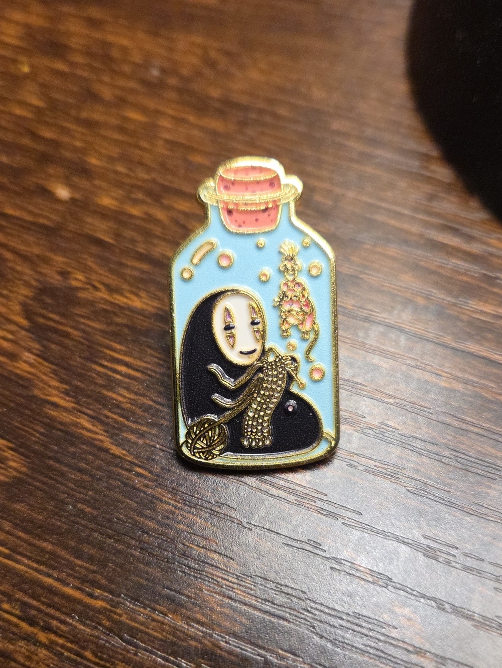 Enamel Bottle Pin Brooch with Black and Light Blue Accents